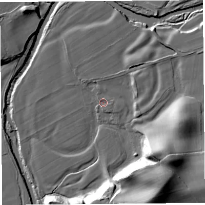 Shaded relief map of the ground around CA82AT, computed from Environment Agency LiDAR. The ground here sits at about 31 m above sea level and falls 33 m across the surrounding 800 m. Surface water reaching this point runs off ground lying to the east, 1.6 m higher.