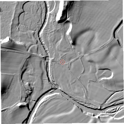 Shaded relief map of the ground around CA82AU, computed from Environment Agency LiDAR. The ground here sits at about 33 m above sea level and falls 22 m across the surrounding 800 m. Surface water reaching this point runs off ground lying to the north-north-east, 1.4 m higher.