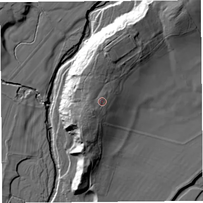 Shaded relief map of the ground around CA82AX, computed from Environment Agency LiDAR. The ground here sits at about 53 m above sea level and falls 30 m across the surrounding 800 m. Surface water reaching this point runs off ground lying to the north-west, 2.1 m higher.