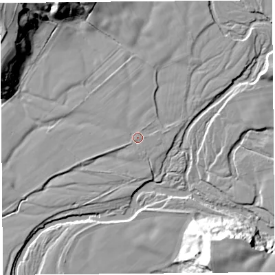 Shaded relief map of the ground around CA82AY, computed from Environment Agency LiDAR. The ground here sits at about 36 m above sea level and falls 28 m across the surrounding 800 m. Surface water reaching this point runs off ground lying to the north, 2.0 m higher.