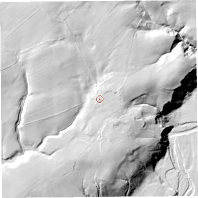 Shaded relief map of the ground around CA82AZ, computed from Environment Agency LiDAR. The ground here sits at about 95 m above sea level and falls 51 m across the surrounding 800 m. Surface water reaching this point runs off ground lying to the east, 1.4 m higher.
