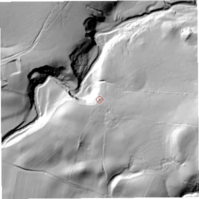 Shaded relief map of the ground around CA82BP, computed from Environment Agency LiDAR. The ground here sits at about 124 m above sea level and falls 55 m across the surrounding 800 m. Surface water reaching this point runs off ground lying to the east-south-east, 10.9 m higher.