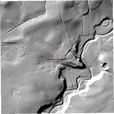 Shaded relief map of the ground around CA82BQ, computed from Environment Agency LiDAR. The ground here sits at about 108 m above sea level and falls 34 m across the surrounding 800 m. Surface water reaching this point runs off ground lying to the north, 15.2 m higher.