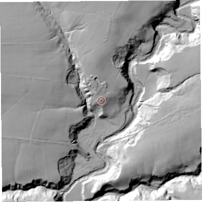 Shaded relief map of the ground around CA82EA, computed from Environment Agency LiDAR. The ground here sits at about 96 m above sea level and falls 36 m across the surrounding 800 m. Surface water reaching this point runs off ground lying to the north, 6.7 m higher.