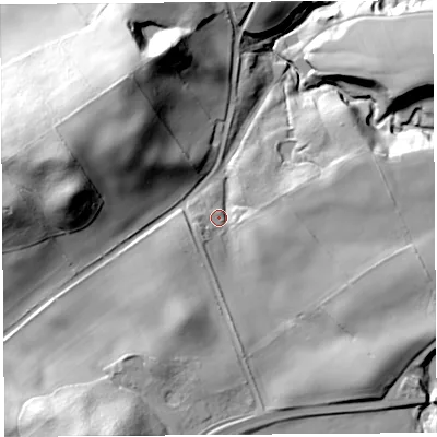 Shaded relief map of the ground around CA82EY, computed from Environment Agency LiDAR. The ground here sits at about 100 m above sea level and falls 50 m across the surrounding 800 m. Surface water reaching this point runs off ground lying to the south-south-west, 31.9 m higher.