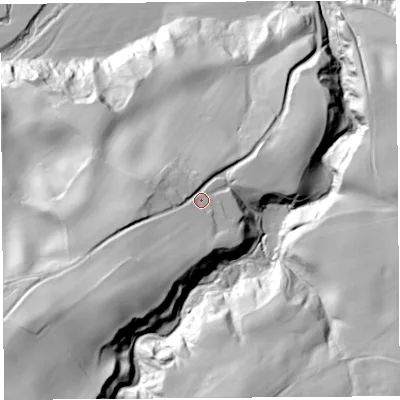 Shaded relief map of the ground around CA82HD, computed from Environment Agency LiDAR. The ground here sits at about 85 m above sea level and falls 67 m across the surrounding 800 m. Surface water reaching this point runs off ground lying to the south-west, 20.0 m higher.