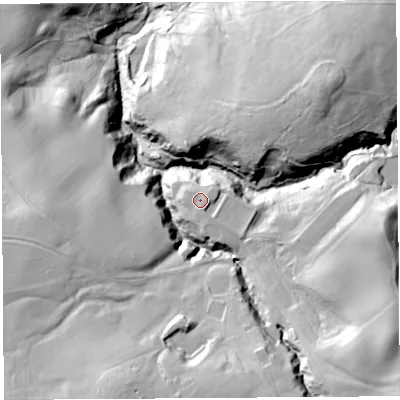 Shaded relief map of the ground around CA82HF, computed from Environment Agency LiDAR. The ground here sits at about 91 m above sea level and falls 61 m across the surrounding 800 m. Surface water reaching this point runs off ground lying to the south-east, 2.8 m higher.