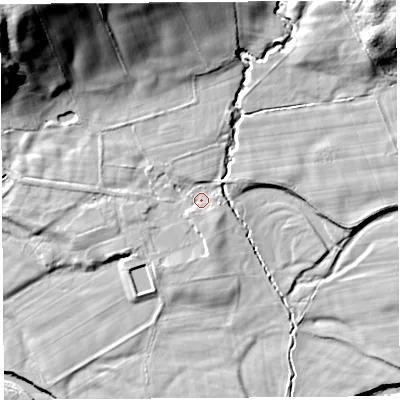 Shaded relief map of the ground around CA82HH, computed from Environment Agency LiDAR. The ground here sits at about 46 m above sea level and falls 33 m across the surrounding 800 m. Surface water reaching this point runs off ground lying to the north-east, 16.6 m higher.