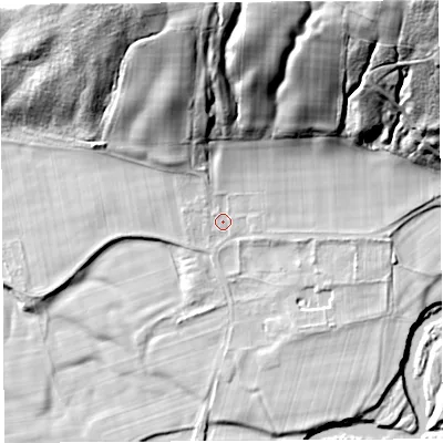 Shaded relief map of the ground around CA82HQ, computed from Environment Agency LiDAR. The ground here sits at about 50 m above sea level and falls 56 m across the surrounding 800 m. Surface water reaching this point runs off ground lying to the north-north-east, 42.8 m higher.