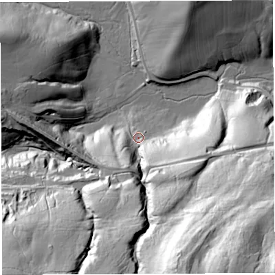 Shaded relief map of the ground around CA82QF, computed from Environment Agency LiDAR. The ground here sits at about 193 m above sea level and falls 97 m across the surrounding 800 m. Surface water reaching this point runs off ground lying to the south-south-east, 81.2 m higher.