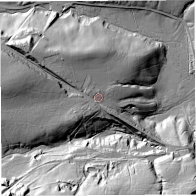 Shaded relief map of the ground around CA82QG, computed from Environment Agency LiDAR. The ground here sits at about 215 m above sea level and falls 63 m across the surrounding 800 m. Surface water reaching this point runs off ground lying to the west, 19.4 m higher.