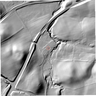 Shaded relief map of the ground around CA82QR, computed from Environment Agency LiDAR. The ground here sits at about 113 m above sea level and falls 32 m across the surrounding 800 m. Surface water reaching this point runs off ground lying to the north-east, 0.8 m higher.