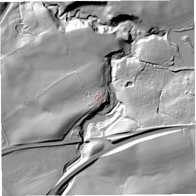 Shaded relief map of the ground around CA82QS, computed from Environment Agency LiDAR. The ground here sits at about 109 m above sea level and falls 44 m across the surrounding 800 m. Surface water reaching this point runs off ground lying to the south-south-west, 3.8 m higher.