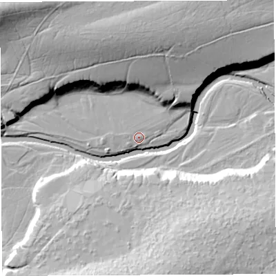 Shaded relief map of the ground around CA87BA, computed from Environment Agency LiDAR. The ground here sits at about 201 m above sea level and falls 30 m across the surrounding 800 m. Surface water reaching this point runs off ground lying to the north-east, 0.8 m higher.