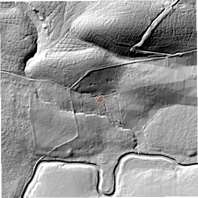 Shaded relief map of the ground around CA87BB, computed from Environment Agency LiDAR. The ground here sits at about 278 m above sea level and falls 41 m across the surrounding 800 m. Surface water reaching this point runs off ground lying to the north-north-west, 19.1 m higher.