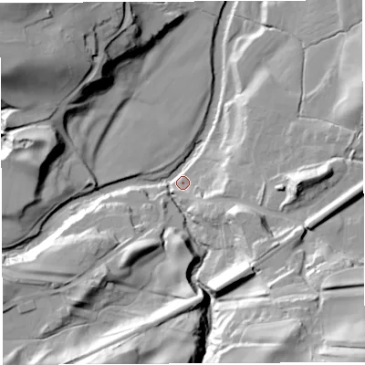 Shaded relief map of the ground around CA87BG, computed from Environment Agency LiDAR. The ground here sits at about 120 m above sea level and falls 58 m across the surrounding 800 m. Surface water reaching this point runs off ground lying to the south-south-east, 43.9 m higher.