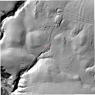 Shaded relief map of the ground around CA87EW, computed from Environment Agency LiDAR. The ground here sits at about 193 m above sea level and falls 104 m across the surrounding 800 m. Surface water reaching this point runs off ground lying to the north-east, 34.7 m higher.