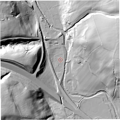 Shaded relief map of the ground around CA87HB, computed from Environment Agency LiDAR. The ground here sits at about 128 m above sea level and falls 80 m across the surrounding 800 m. Surface water reaching this point runs off ground lying to the north-north-west, 5.6 m higher.