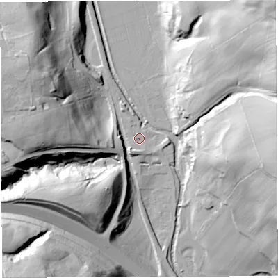 Shaded relief map of the ground around CA87HE, computed from Environment Agency LiDAR. The ground here sits at about 130 m above sea level and falls 66 m across the surrounding 800 m. Surface water reaching this point runs off ground lying to the north-north-west, 2.8 m higher.