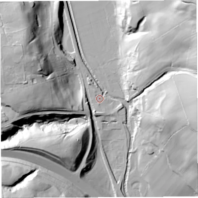 Shaded relief map of the ground around CA87HG, computed from Environment Agency LiDAR. The ground here sits at about 130 m above sea level and falls 62 m across the surrounding 800 m. Surface water reaching this point runs off ground lying to the north-north-west, 4.3 m higher.