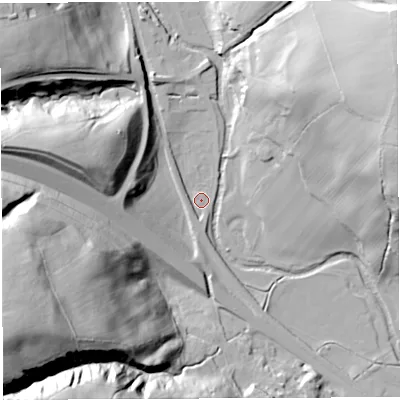 Shaded relief map of the ground around CA87HP, computed from Environment Agency LiDAR. The ground here sits at about 128 m above sea level and falls 80 m across the surrounding 800 m. Surface water reaching this point runs off ground lying to the north-west, 40.4 m higher.