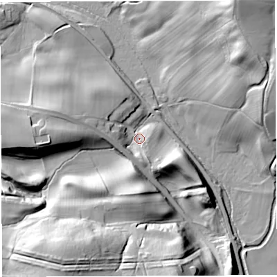 Shaded relief map of the ground around CA87HR, computed from Environment Agency LiDAR. The ground here sits at about 136 m above sea level and falls 55 m across the surrounding 800 m. Surface water reaching this point runs off ground lying to the east-south-east, 12.5 m higher.