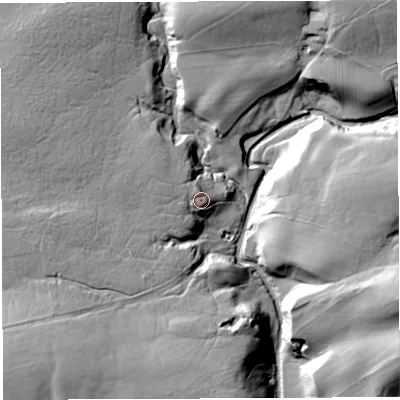 Shaded relief map of the ground around CA87HY, computed from Environment Agency LiDAR. The ground here sits at about 163 m above sea level and falls 43 m across the surrounding 800 m. Surface water reaching this point runs off ground lying to the west-south-west, 16.8 m higher.