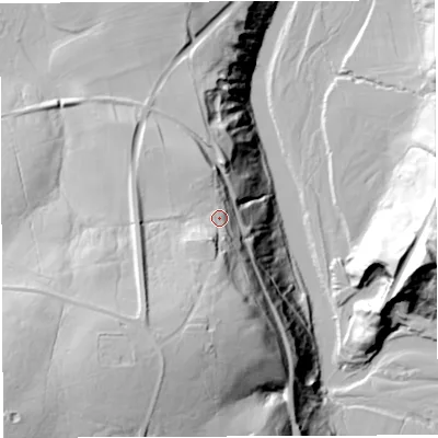 Shaded relief map of the ground around CA87LQ, computed from Environment Agency LiDAR. The ground here sits at about 192 m above sea level and falls 93 m across the surrounding 800 m. Surface water reaching this point runs off ground lying to the south-south-west, 32.4 m higher.