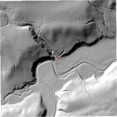 Shaded relief map of the ground around CA87NE, computed from Environment Agency LiDAR. The ground here sits at about 162 m above sea level and falls 60 m across the surrounding 800 m. Surface water reaching this point runs off ground lying to the north-north-west, 53.7 m higher.