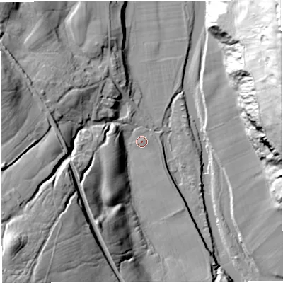 Shaded relief map of the ground around CA87NJ, computed from Environment Agency LiDAR. The ground here sits at about 203 m above sea level and falls 71 m across the surrounding 800 m. Surface water reaching this point runs off ground lying to the south-south-east, 3.7 m higher.