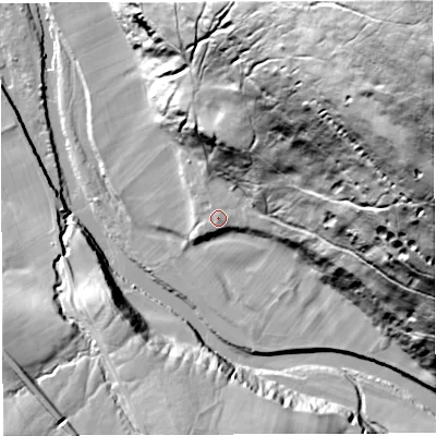 Shaded relief map of the ground around CA87NL, computed from Environment Agency LiDAR. The ground here sits at about 210 m above sea level and falls 190 m across the surrounding 800 m. Surface water reaching this point runs off ground lying to the north-east, 175.8 m higher.