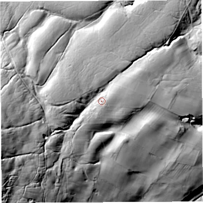 Shaded relief map of the ground around CA87NP, computed from Environment Agency LiDAR. The ground here sits at about 274 m above sea level and falls 118 m across the surrounding 800 m. Surface water reaching this point runs off ground lying to the south-west, 31.1 m higher.