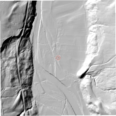 Shaded relief map of the ground around CA87PG, computed from Environment Agency LiDAR. The ground here sits at about 173 m above sea level and falls 65 m across the surrounding 800 m. Surface water reaching this point runs off ground lying to the south-east, 45.2 m higher.