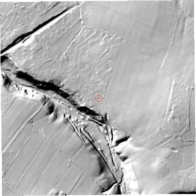 Shaded relief map of the ground around CA89AA, computed from Environment Agency LiDAR. The ground here sits at about 80 m above sea level and falls 37 m across the surrounding 800 m. Surface water reaching this point runs off ground lying to the east-south-east, 10.6 m higher.