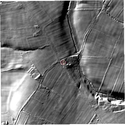 Shaded relief map of the ground around CA89AG, computed from Environment Agency LiDAR. The ground here sits at about 55 m above sea level and falls 32 m across the surrounding 800 m. Surface water reaching this point runs off ground lying to the south-east, 16.5 m higher.