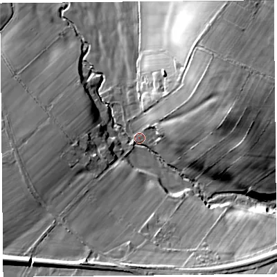 Shaded relief map of the ground around CA89BA, computed from Environment Agency LiDAR. The ground here sits at about 46 m above sea level and falls 34 m across the surrounding 800 m. Surface water reaching this point runs off ground lying to the east-north-east, 27.4 m higher.