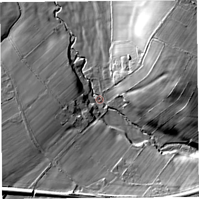 Shaded relief map of the ground around CA89BL, computed from Environment Agency LiDAR. The ground here sits at about 44 m above sea level and falls 34 m across the surrounding 800 m. Surface water reaching this point runs off ground lying to the east, 28.0 m higher.