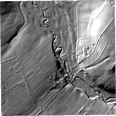 Shaded relief map of the ground around CA89BW, computed from Environment Agency LiDAR. The ground here sits at about 44 m above sea level and falls 35 m across the surrounding 800 m. Surface water reaching this point runs off ground lying to the east, 29.5 m higher.