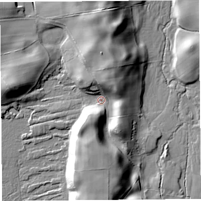 Shaded relief map of the ground around CA89BZ, computed from Environment Agency LiDAR. The ground here sits at about 118 m above sea level and falls 26 m across the surrounding 800 m. Surface water reaching this point runs off ground lying to the south, 15.7 m higher.