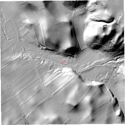 Shaded relief map of the ground around CA89DH, computed from Environment Agency LiDAR. The ground here sits at about 176 m above sea level and falls 88 m across the surrounding 800 m. Surface water reaching this point runs off ground lying to the south-east, 31.2 m higher.