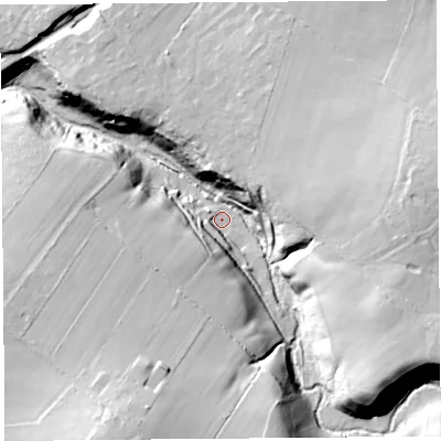 Shaded relief map of the ground around CA89DU, computed from Environment Agency LiDAR. The ground here sits at about 62 m above sea level and falls 38 m across the surrounding 800 m. Surface water reaching this point runs off ground lying to the south-south-west, 30.6 m higher.