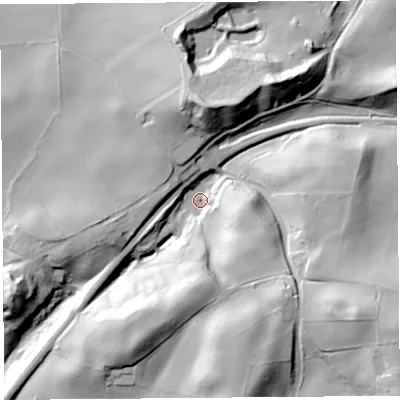 Shaded relief map of the ground around CA89JU, computed from Environment Agency LiDAR. The ground here sits at about 84 m above sea level and falls 60 m across the surrounding 800 m. Surface water reaching this point runs off ground lying to the south-east, 51.5 m higher.