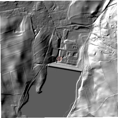 Shaded relief map of the ground around CA89ND, computed from Environment Agency LiDAR. The ground here sits at about 144 m above sea level and falls 75 m across the surrounding 800 m. Surface water reaching this point runs off ground lying to the east-south-east, 72.0 m higher.