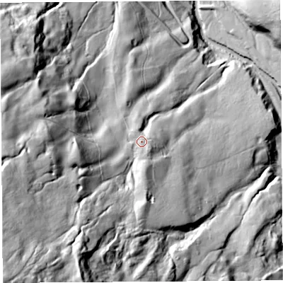 Shaded relief map of the ground around CA89NG, computed from Environment Agency LiDAR. The ground here sits at about 280 m above sea level and falls 169 m across the surrounding 800 m. Surface water reaching this point runs off ground lying to the south-west, 105.4 m higher.