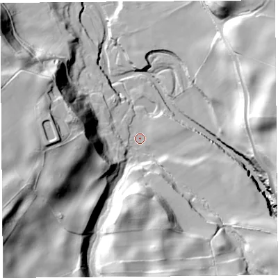 Shaded relief map of the ground around CA89NH, computed from Environment Agency LiDAR. The ground here sits at about 108 m above sea level and falls 46 m across the surrounding 800 m. Surface water reaching this point runs off ground lying to the east-south-east, 8.7 m higher.