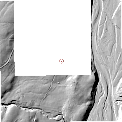 Shaded relief map of the ground around CA93BJ, computed from Environment Agency LiDAR. and falls 54 m across the surrounding 800 m.