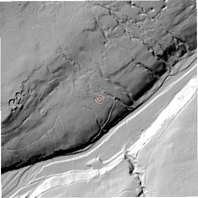 Shaded relief map of the ground around CA93BU, computed from Environment Agency LiDAR. The ground here sits at about 351 m above sea level and falls 98 m across the surrounding 800 m. Surface water reaching this point runs off ground lying to the north-west, 35.9 m higher.