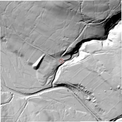 Shaded relief map of the ground around CA93DH, computed from Environment Agency LiDAR. The ground here sits at about 349 m above sea level and falls 116 m across the surrounding 800 m. Surface water reaching this point runs off ground lying to the north-north-east, 95.3 m higher.