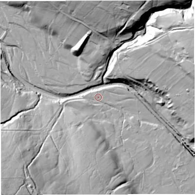 Shaded relief map of the ground around CA93DP, computed from Environment Agency LiDAR. The ground here sits at about 333 m above sea level and falls 78 m across the surrounding 800 m. Surface water reaching this point runs off ground lying to the south-south-west, 32.8 m higher.