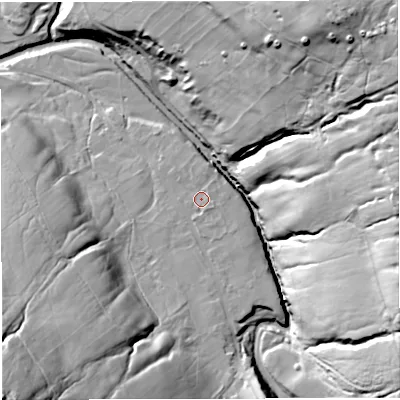 Shaded relief map of the ground around CA93DS, computed from Environment Agency LiDAR. The ground here sits at about 343 m above sea level and falls 98 m across the surrounding 800 m. Surface water reaching this point runs off ground lying to the south-south-east, 1.9 m higher.